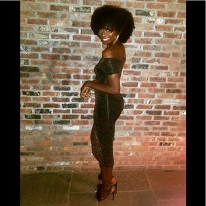 GOLD SHIMMER OFF THE SHOULDER MIDI DRESS